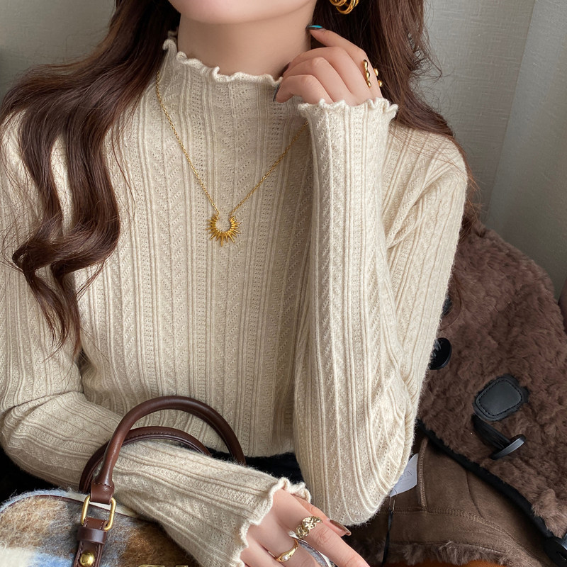 杏色半高领木耳边针织衫女内搭2025秋季设计感绝美打底长袖小上衣,淘宝优惠券,粉丝福利购,淘宝优惠卷