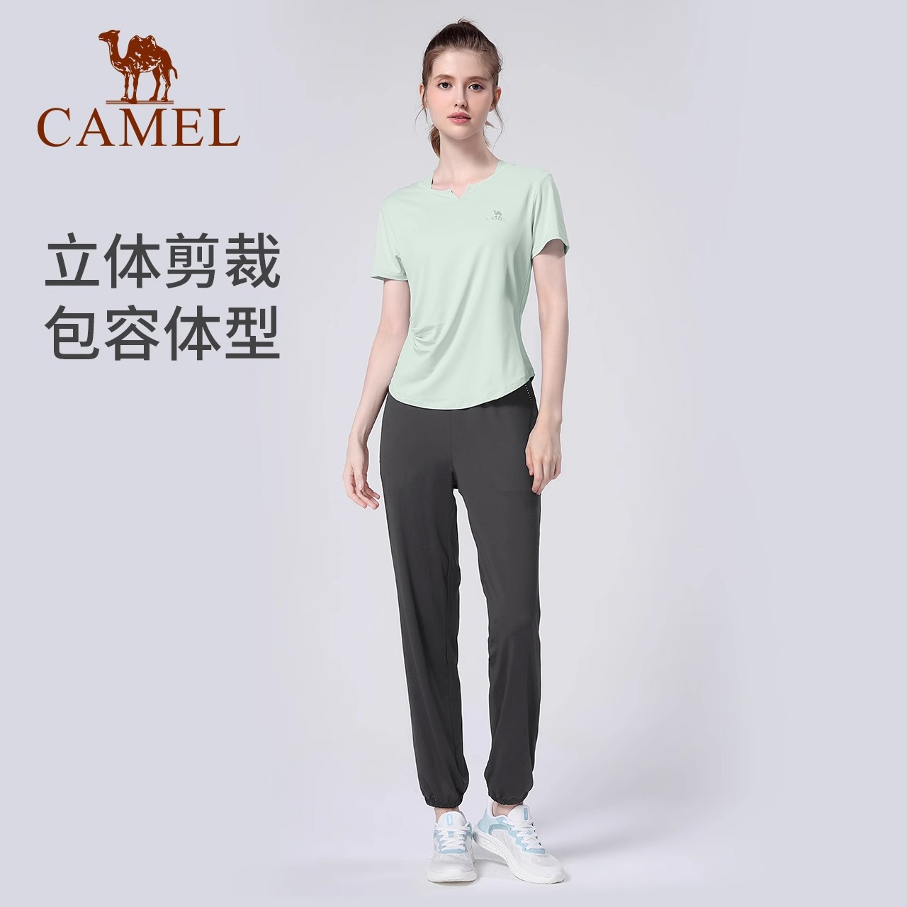 Camel骆驼瑜伽服套装女夏季户外短袖运动服两件套-图2