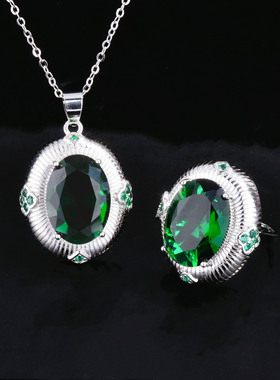 拉丝仿真红宝石祖母绿彩宝套装 直播925银红钻戒指绿钻耳钉吊坠女