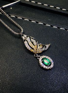 新款仿哥伦比亚祖母绿套装 双色电镀蝴蝶项链彩宝耳钉开口戒指女