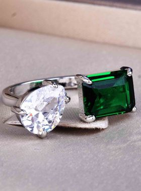 小红书推荐网红同款仿天然祖母绿戒指 ins冷淡风高级定制高碳钻戒