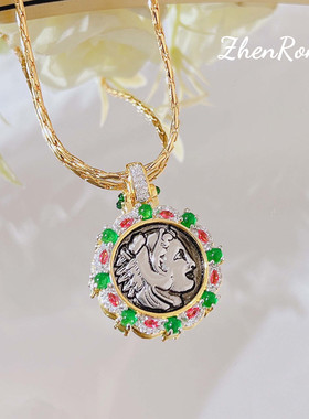 法式复古人像珍珠耳环套装女高级感浮雕太阳神阿波罗古币吊坠项链