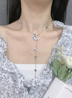 小众ins风微镶锆石星星月亮Y型中长款锁骨链 深蓝色日月星辰项链