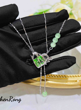 925银冷淡风液化金属爱心拼接项链 甜酷绿色锆石熔岩心形流苏耳环
