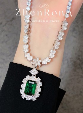 925银针锁骨链祖母绿项链女设计感轻奢吊坠方钻耳钉开口戒指套装