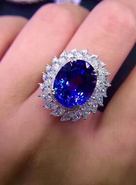 仿天然5A皇家蓝坦桑石戴妃款开口戒指 镀18k白金微镶豪华珠宝首饰