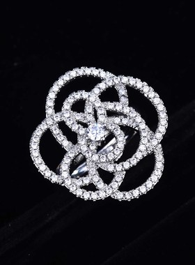 网红直播高级感山茶花戒指 ins风奢华微镶满钻花朵个性开口戒指女