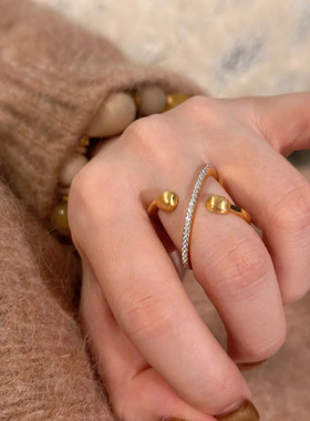 法式复古镶钻拉丝星环戒指小众设计轻奢百搭女戒感创意丝巾扣