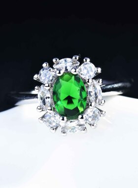 直播货源仿真绿祖母彩宝戒指女 戴妃款满钻群镶开口戒指