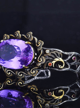 复古宫廷风镂空花丝紫罗兰孔雀手镯 泰银黑双色电镀彩宝开口手环