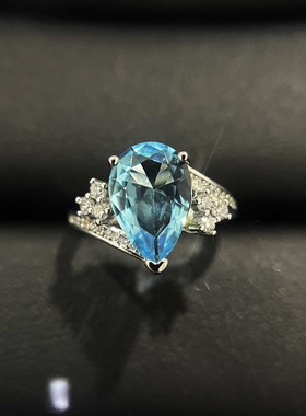 网红爆款奢华皇冠高碳钻水滴形仿天然托帕石彩宝开口戒指订婚钻戒