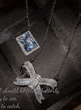 新款轻奢两戴短款锁骨链双层蝴蝶结冰糖方钻项链日常百搭方糖吊坠