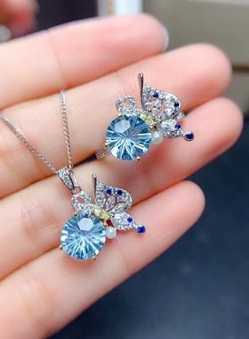 新款超仙设计蝴蝶套装 网红直播天空蓝托帕石烟花切戒指吊坠项链