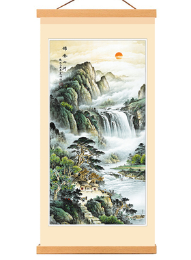 新款布艺山水画客厅挂画竖版玄关画中式简约现代风景画挂布装饰画