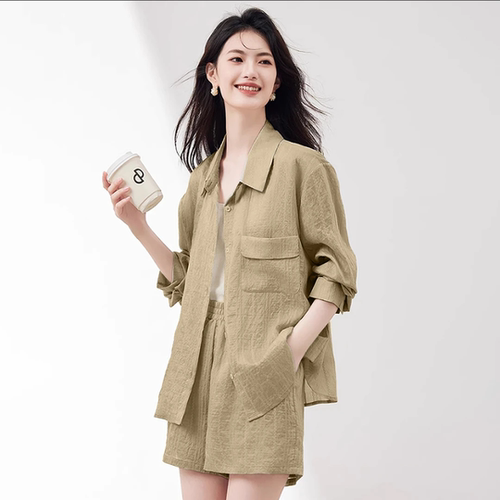 2025夏季天丝衬衫短裤防晒两件套装女休闲时尚气质减龄搭配一整套 - 图3