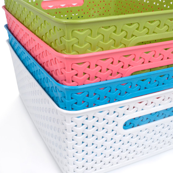 Thickened plastic woven storage basket with lid