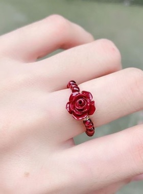 天然朱砂紫金砂貔貅戒指天然石榴石朱砂六字珠戒圈手饰厂家