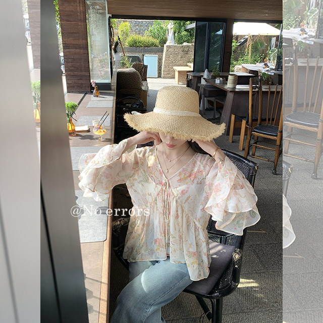 ບໍ່ມີຂໍ້ຜິດພາດບໍ່ມີຂໍ້ຜິດພາດ Monet Garden romantic ພິມ chiffon wrinkled ruffle ເທິງ 26 ແບບ summer ໃຫມ່