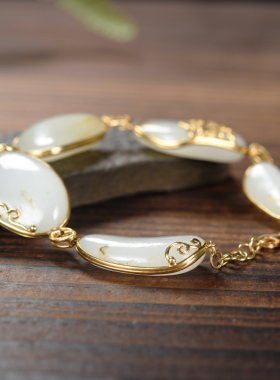 和田玉籽料金镶玉手链