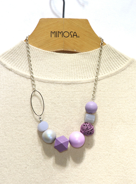 韩版复古木质几何短款棉麻毛衣链