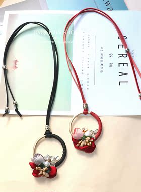 民族风花朵长款韩版棉麻吊坠项链