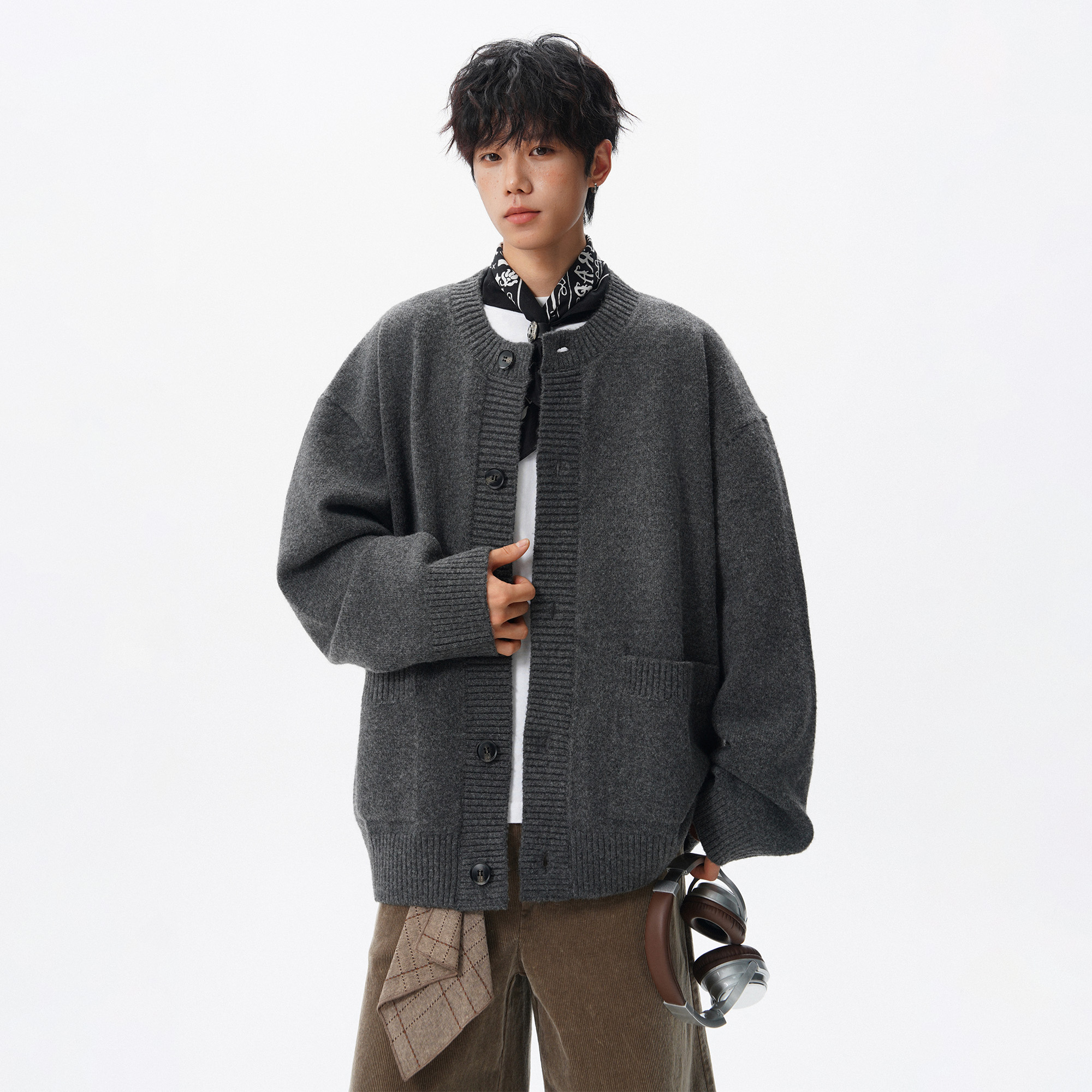 胖胖哥美式羊毛混纺毛衣开衫男秋季慵懒风针织衫大码宽松休闲外套 - 图0