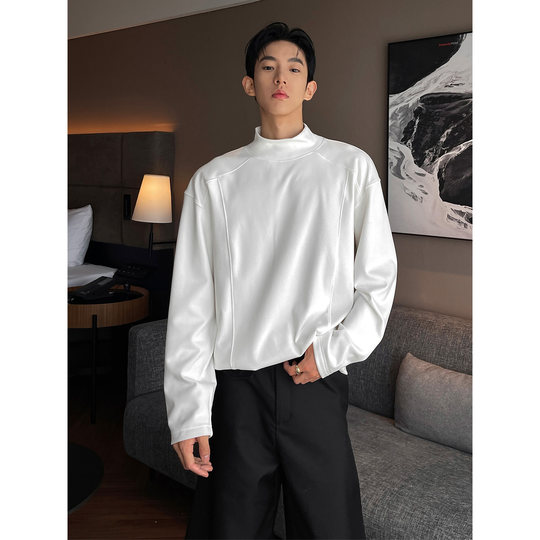 胖胖哥灰色半高领德绒打底衫男款秋季毛衣内搭老钱风宽松长袖上衣