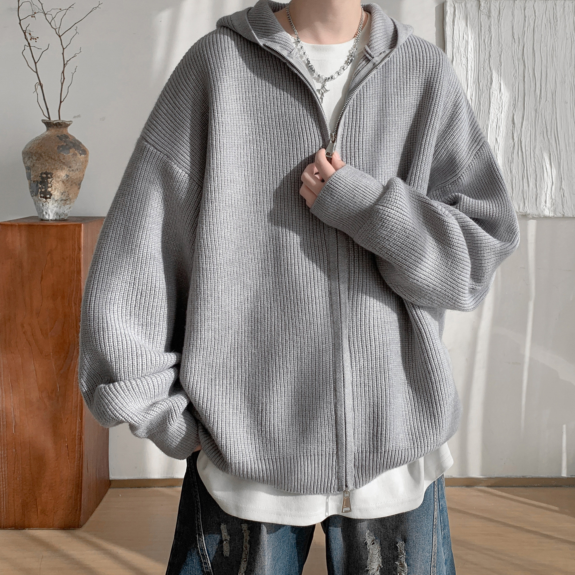 胖胖哥800G重磅双拉链针织开衫男秋季美式连帽慵懒风运动毛衣外套,淘宝优惠券,粉丝福利购,淘宝优惠卷