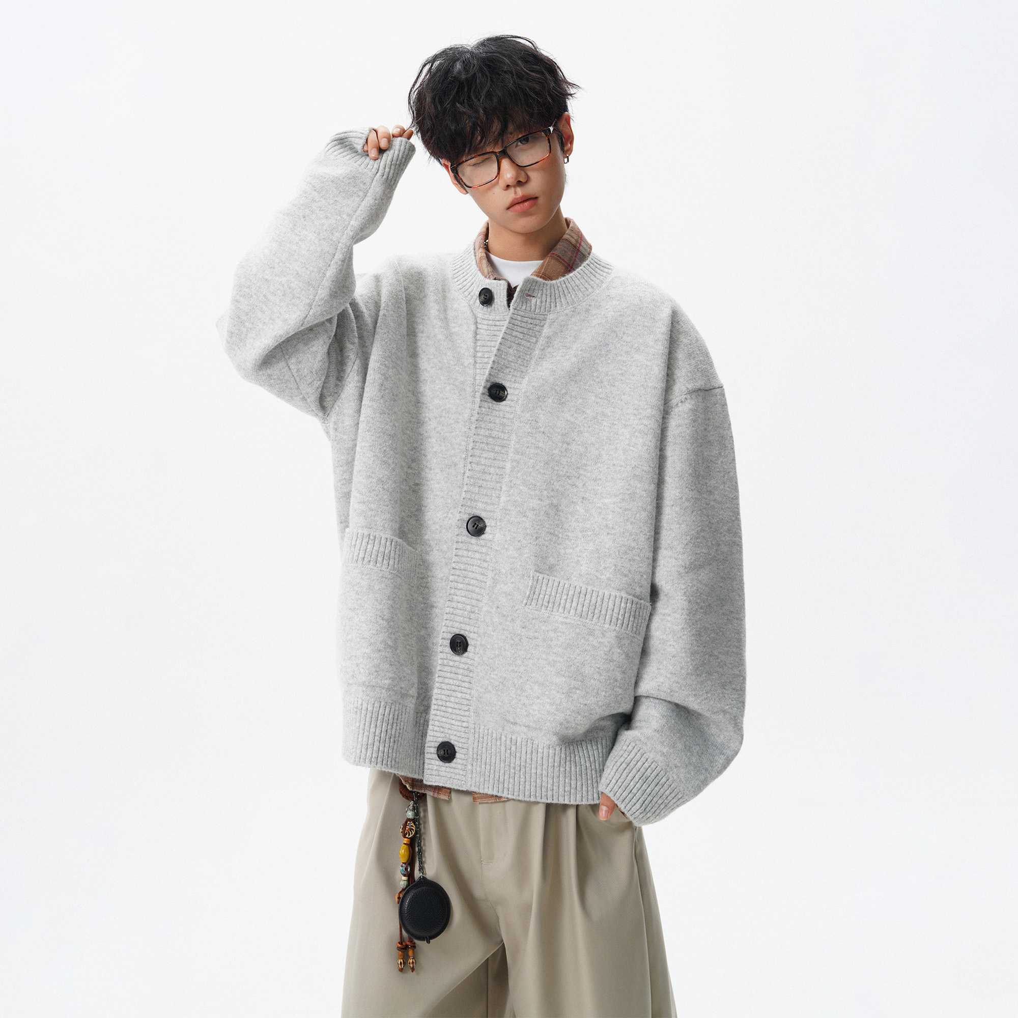 胖胖哥美式羊毛混纺毛衣开衫男秋季慵懒风针织衫大码宽松休闲外套 - 图3