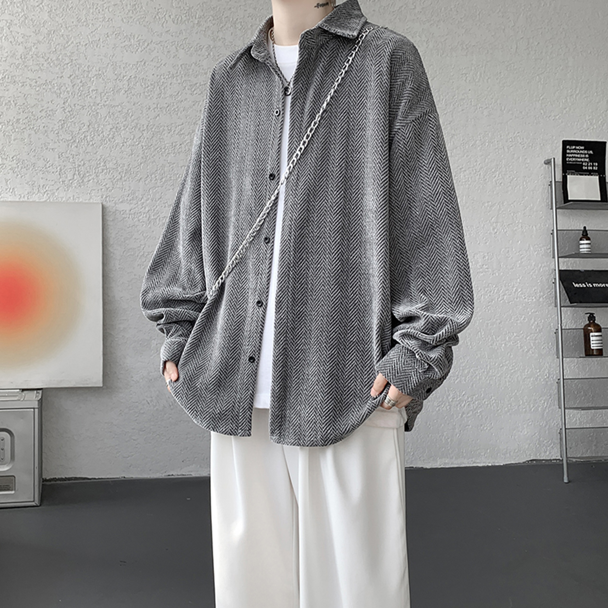 胖胖哥斑马纹小香风外套男秋季痞帅纹理感衬衫潮牌宽松休闲夹克潮 - 图1