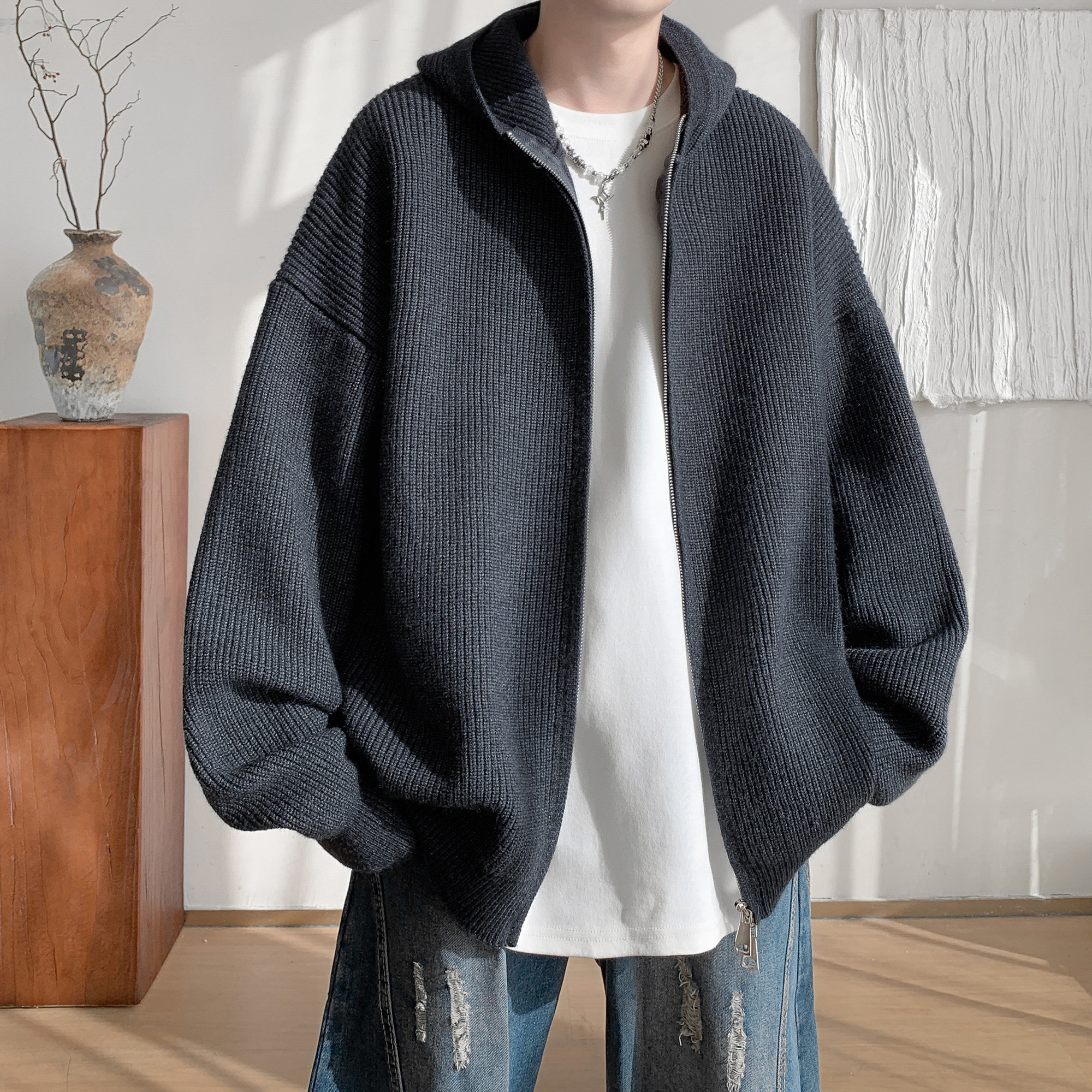 胖胖哥800G重磅双拉链针织开衫男秋季美式连帽慵懒风运动毛衣外套,淘宝优惠券,粉丝福利购,淘宝优惠卷