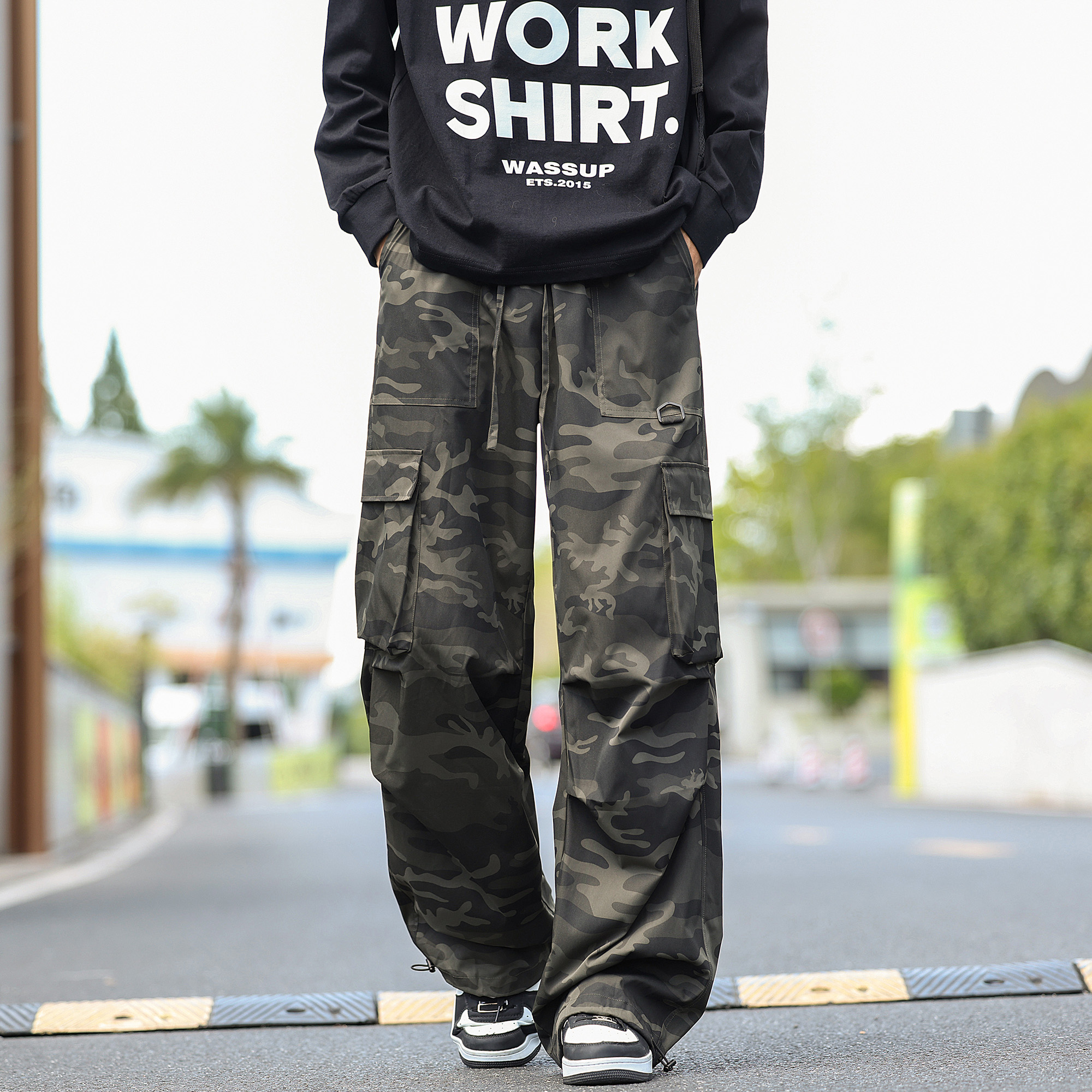 胖胖哥复古迷彩工装裤男款秋季新款宽松大码休闲裤直筒百搭长裤 - 图1