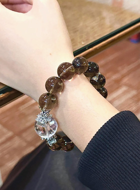 茶水晶12mm单圈手串搭配白水晶新中式大颗粒手链男女款时尚