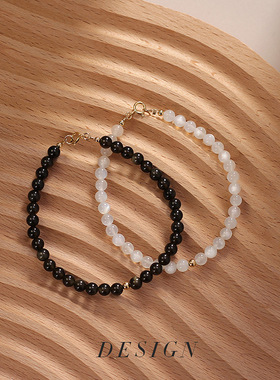 天然黑曜石水晶情侣手链一对个性情侣款简约学生月光石闺蜜手串