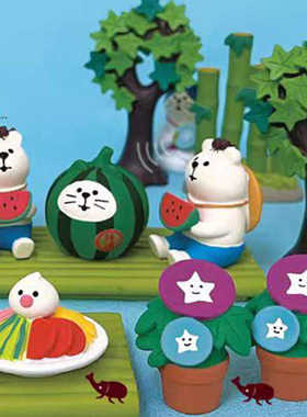 夏日系列日式西瓜猫潮玩手办车载牵牛花盲盒装饰竹筏竹子小摆件