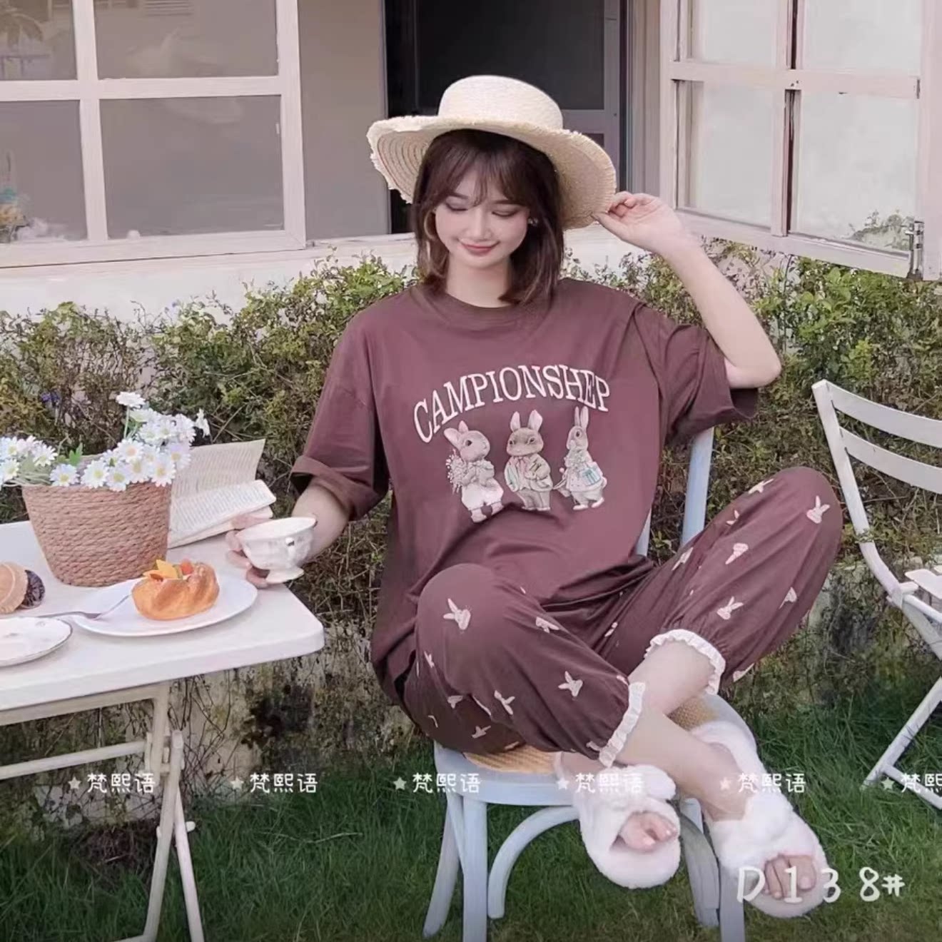 梵熙语特价春夏新款家居服女中短袖长裤卡通休闲针织全棉睡衣套装,淘宝优惠券,粉丝福利购,淘宝优惠卷