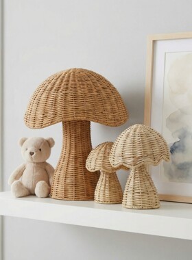 欧式藤编蘑菇装饰摆件酒店名宿床头卧室简约编织轻奢装饰品