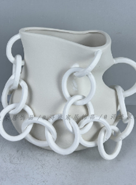 现代创意镂空几何米白色陶瓷花器奶油风装饰桌面板房民宿客厅摆件