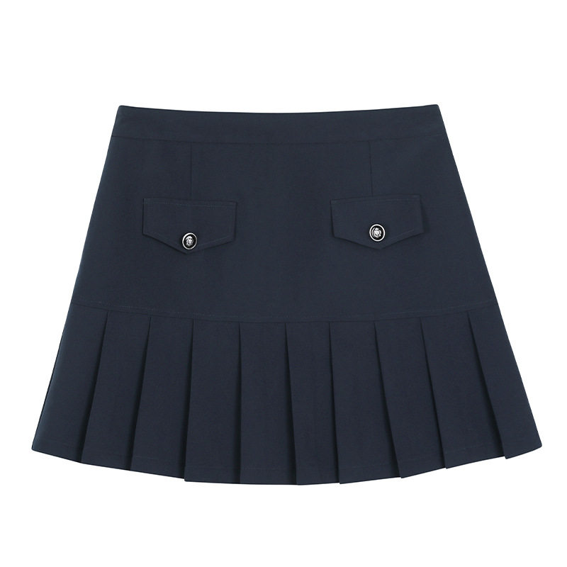 蓝色学院风压褶A字半身裙女夏季胖mm高腰显瘦装饰口袋纯色百褶裙,淘宝优惠券,粉丝福利购,淘宝优惠卷