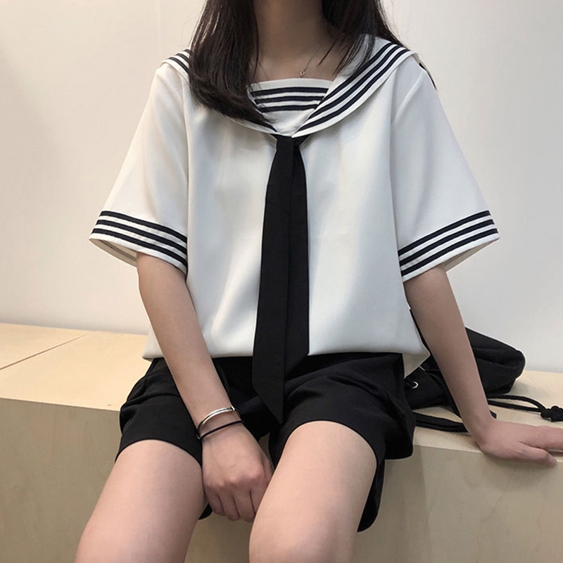 夏季加大码300斤学院海军风翻领水手服显瘦学生短袖T恤女AA-12 - 图2