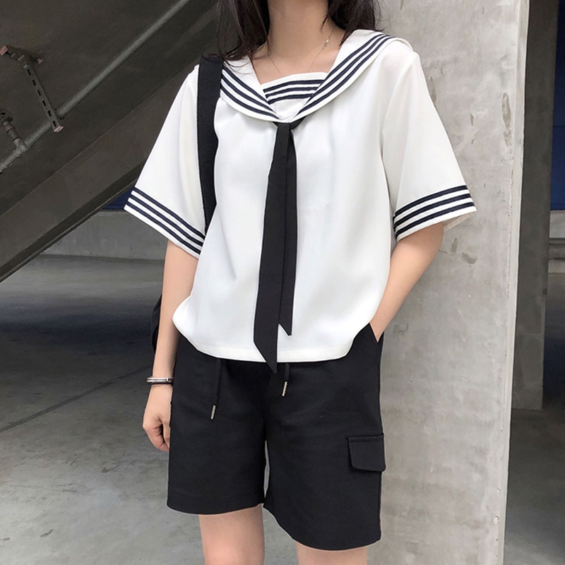 夏季加大码300斤学院海军风翻领水手服显瘦学生短袖T恤女AA-12 - 图0