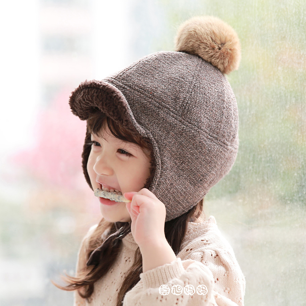 Applecat韩国进口婴幼儿童毛球护耳防寒帽男女宝宝冬加绒保暖帽子-图1