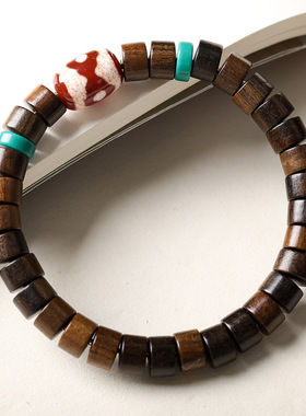 直切药沉香木桶珠手链文玩红肉三眼天珠手串民景区民族风饰品