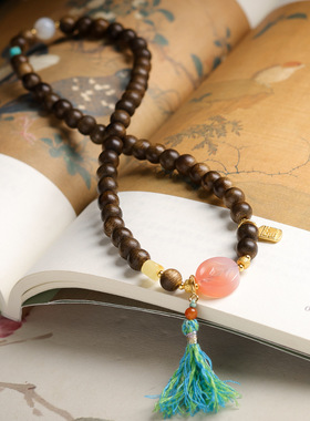 原创设计黄奇楠沉香木多圈新中式手链文玩蜜蜡盐源玛瑙手串女