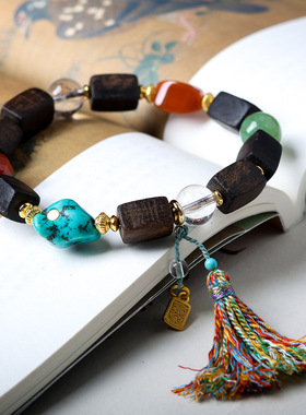 达拉干方块珠搭配天然白水晶文玩手链菱镁矿松石中式手串饰品