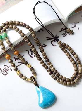 复古黄油沉香木项链民族风仿松石毛衣链简约文玩吊坠衣服配饰挂件