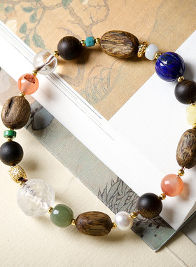 木带宝原创设计天然白水晶搭配绿奇楠沉香木手链文玩蜜蜡青金石