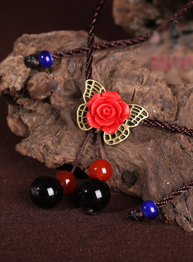 天然红黑玛瑙民族风红色蝴蝶调节项链女复古吊坠百搭锁骨链配饰