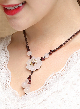 纯然饰品粉晶花朵锁骨链女石榴石项链颈链大气气质配饰复古文艺风