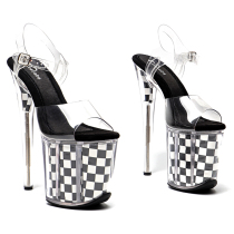 Leecabe Fashion Black & White Plaid Nightclub Steel Tube Dance Ultra High Heel Sandals Sexy New Walking Show Dance Shoes 1L